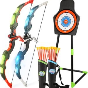 bow and arrow set for kids, 2 pack led light up archery set with 20 suction cup arrows, indoor and outdoor toy for boys girls age 4 8 8 12 with standing target&2 quivers, birthday gift 3 12 years old
